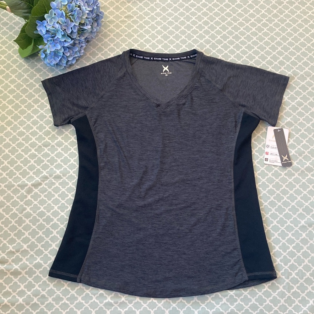 Game Time V Neck Workout Top Gray Black NWD